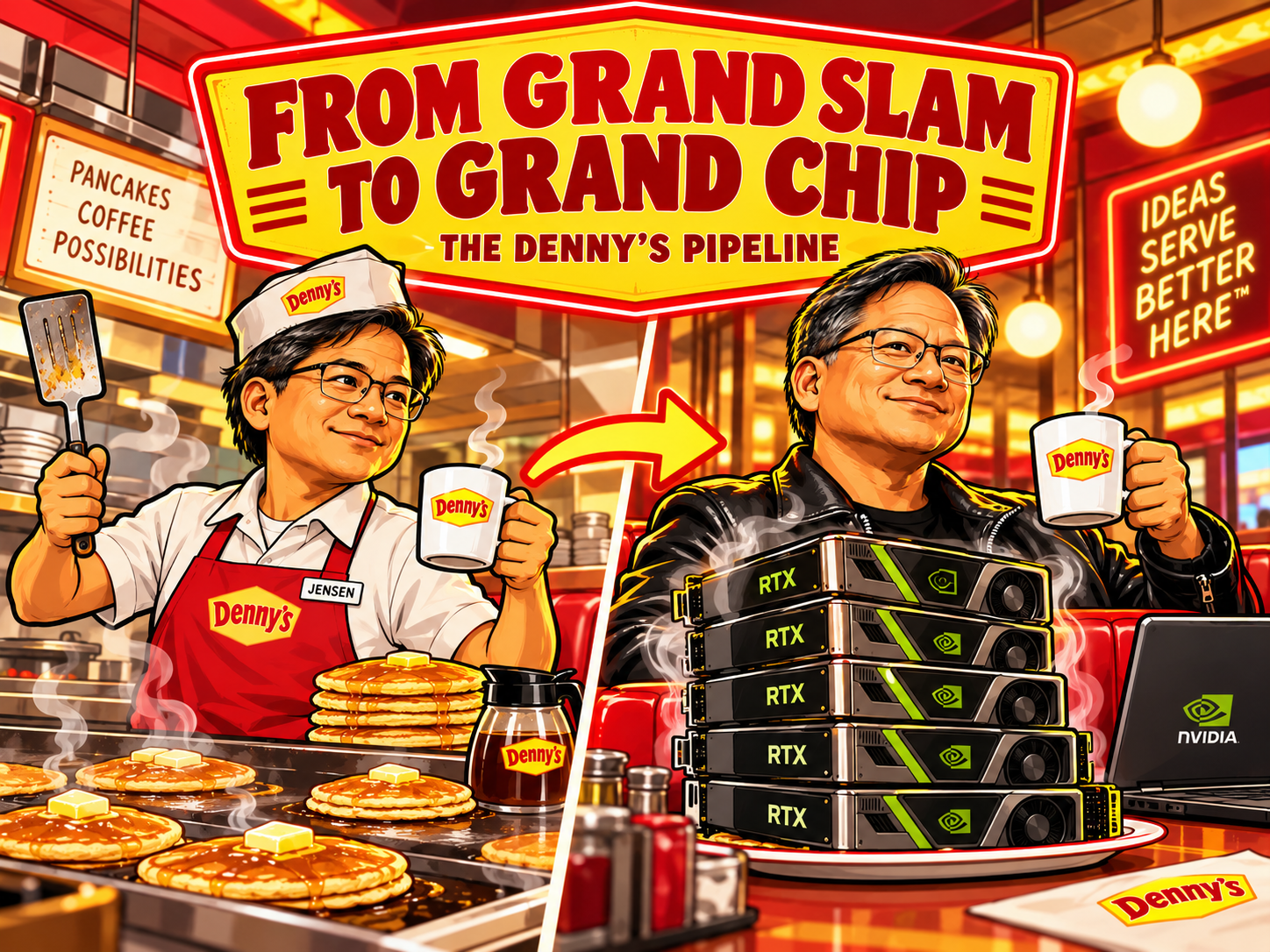 Young diner-shift Jensen transforming into GPU-era Jensen